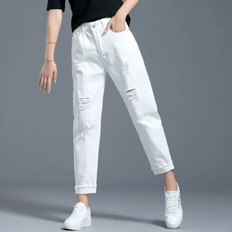 清仓白色裤子破洞牛仔裤女夏季薄款宽松直筒裤2025年新款休闲九分商品大图