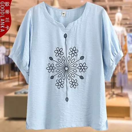 中年胖妈妈夏装短袖上衣加肥加大码宽松洋气小衫中老年人刺绣T恤图片