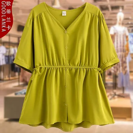中年胖妈妈夏季衬衫女加肥加大码宽松显瘦遮肚时尚V领短袖T恤上衣图片
