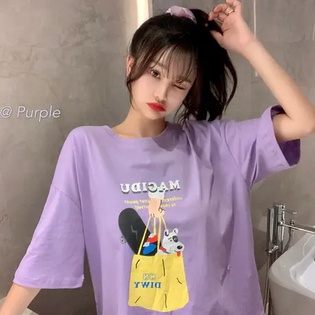网红港风短袖t恤女夏2020新款韩版宽松原宿风ins超火紫色上衣服潮商品大图