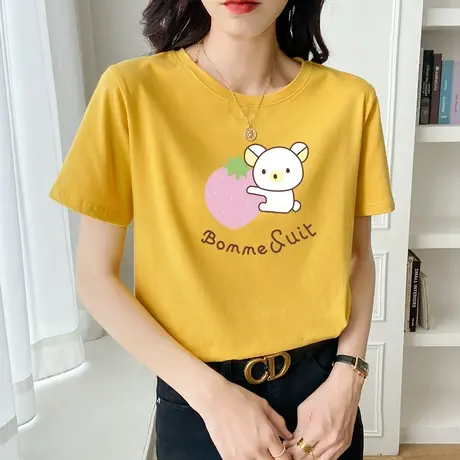 黄色短袖t恤女2022年新款春夏季纯棉圆领宽松内搭体恤薄款上衣潮商品大图