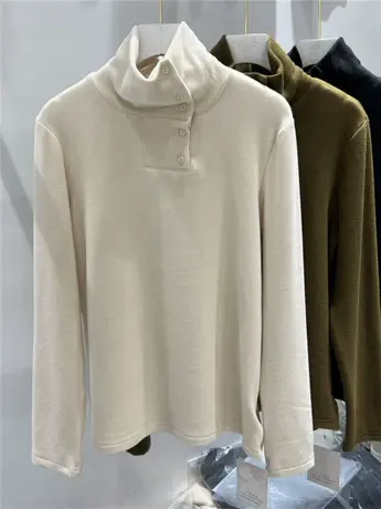 欧货宽松大版双面德绒半开立领高领加厚T恤女秋冬磨毛打底衫上衣图片