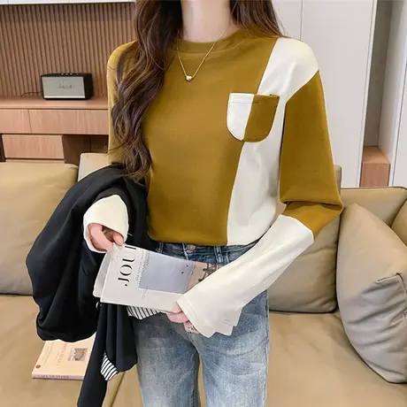 德绒撞色长袖t恤女秋冬加绒加厚大码修身保暖纯色内搭打底衫上衣图片
