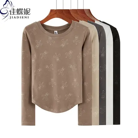 秋冬新款韩版圆领修身双面德绒印花燕尾摆长袖体恤上衣内搭打底女商品大图