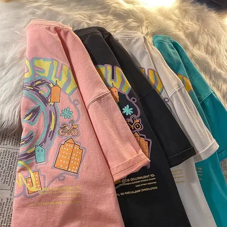 胖mm大码正肩粉色短袖T恤女ins潮夏季宽松韩版oversize上衣bf国潮商品大图