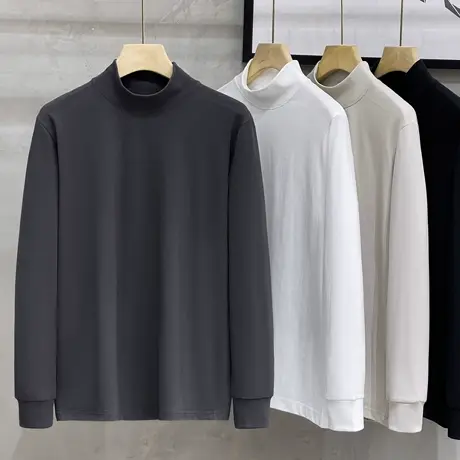 250g重磅纯棉白色长袖t恤半高领打底衫男宽松纯色中领百搭卫衣男商品大图