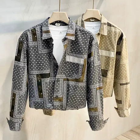 日系复古花色长袖衬衫男2023新品拼色工装痞帅气衬衣型薄款夹克男图片