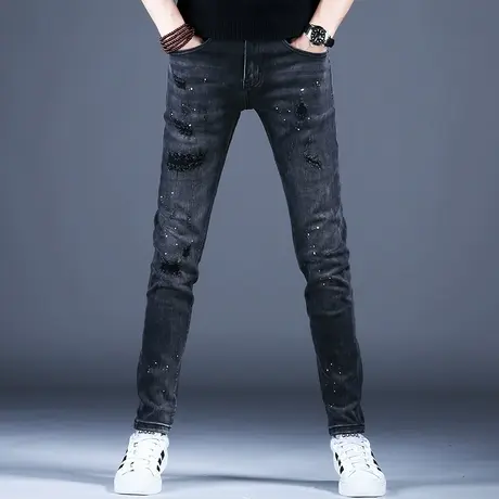 2023秋冬厚款黑灰色牛仔裤男款裤子修身破洞补丁小脚潮牌男裤休闲商品大图
