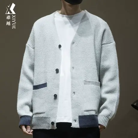 希越元宝针8针V领开衫毛衣外套男士秋冬宽松大码衬衫日系潮流衬衣商品大图