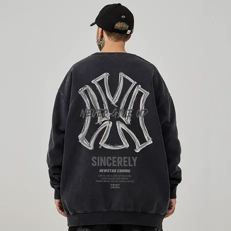 国潮圆领加肥加大码男装嘻哈水洗做旧复古潮牌无帽胖子卫衣春秋季图片