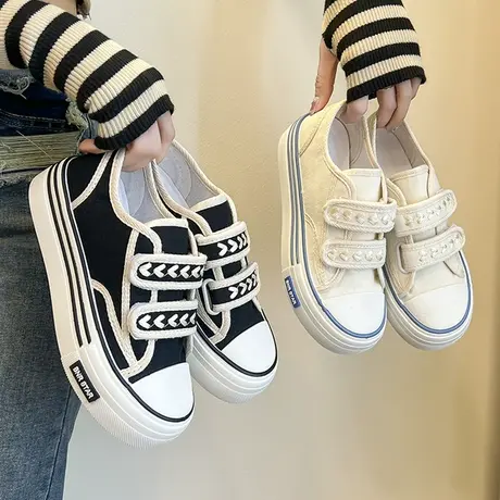 小香风帆布鞋女2023春秋季新款麦穗魔术贴小白鞋厚底老爹运动板鞋商品大图