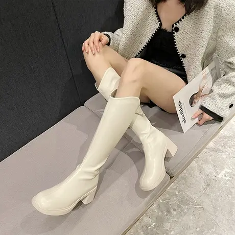 不过膝V口长靴女2024新款秋冬高筒显瘦长靴粗跟厚底小个子骑士靴图片