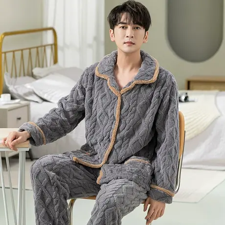 睡衣男珊瑚绒冬季加厚加绒法兰绒秋冬款可外穿男士家居服套装冬天图片