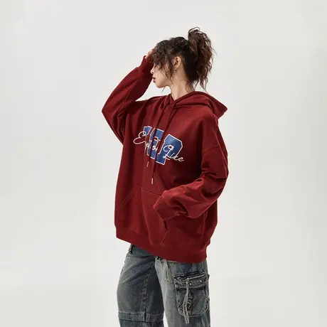 YEP酒红色连帽卫衣女刺绣春秋款潮牌设计感小众宽松oversize外套商品大图