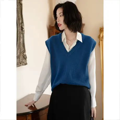 弥古蓝色V领针织马甲背心女春秋外穿无袖小坎肩马夹宽松显瘦上衣商品大图