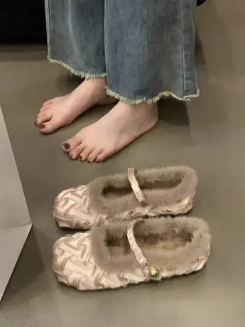 毛毛鞋女外穿晚晚温柔加绒女鞋2023新款秋冬小香风玛丽珍豆豆棉鞋商品大图