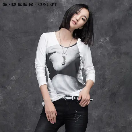 sdeer圣迪奥女2017冬装抽象晕染印花长袖针织衫S15480202⬜图片