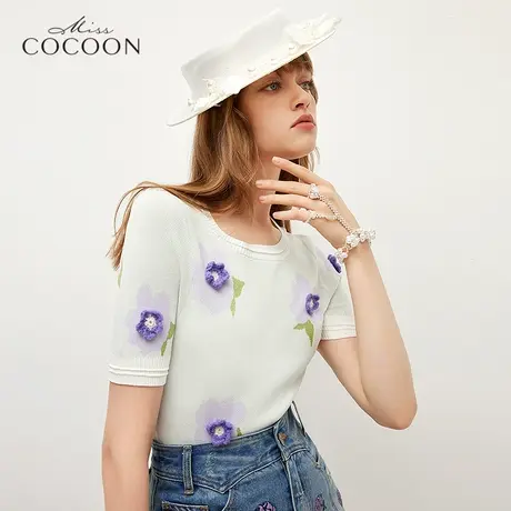 miss COCOON短袖t恤女夏季2023新款显瘦圆领套头打底外穿针织上衣商品大图