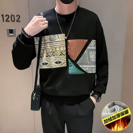 设计感个性贴布拼接加绒卫衣男秋冬2023新款潮牌加厚套头打底上衣图片