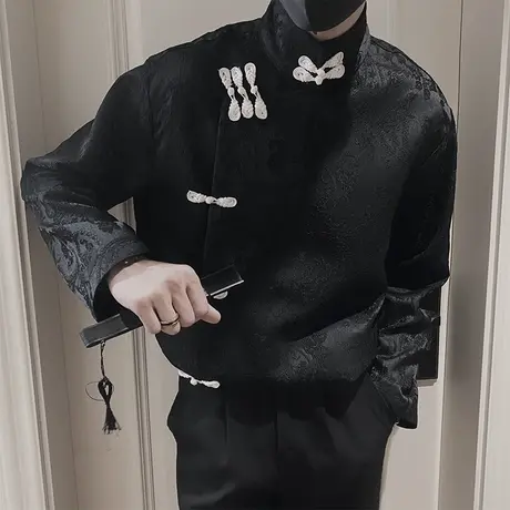 国潮新中式立领盘扣设计长袖衬衣潮牌个性复古国风长袖衬衫上衣图片