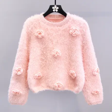 日系甜美立体花朵水貂绒毛衣女冬季2023新款设计感小众短款针织衫商品大图