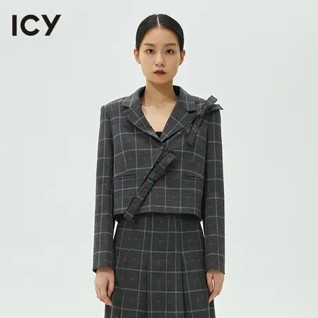 icy女装设计春秋新款复古结饰格纹爱心刺绣长袖短款西装女图片