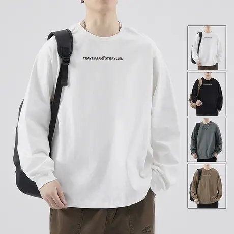 男士白色圆领卫衣男冬季加绒衣服男款上衣秋衣长袖内搭打底衫t恤商品大图