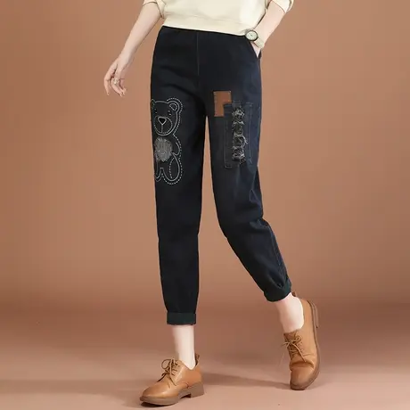 韩潮袭人松紧高腰设计感刺绣牛仔裤女2024春季新款小脚哈伦裤子商品大图