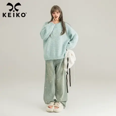 KEIKO 湖蓝色绒感羊毛混纺宽松毛衣女2024早春慵懒风软糯针织上衣图片