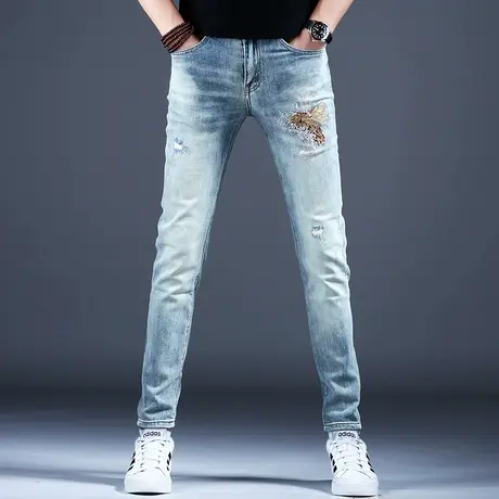 男士高档烫钻牛仔裤男款弹力小脚修身裤子潮流男美式高街2024新款商品大图