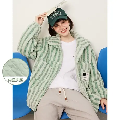 a02冬款设计款毛绒面料条纹撞色小清新百搭女式外套图片