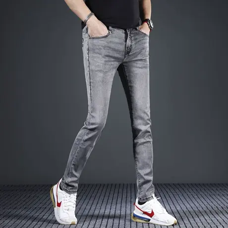 高端牛仔裤2024新款男修身小脚烟灰色春夏季薄款弹力休闲男士长裤商品大图