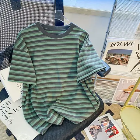 纯棉条纹美式复古短袖t恤女夏季新款设计感小众宽松港风chic上衣商品大图