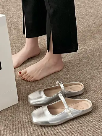 包头法式半拖鞋外穿女鞋子2024年春夏新款平底懒人一脚蹬银色凉拖商品大图