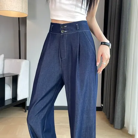 深蓝色阔腿牛仔裤女2024春夏薄款宽松显瘦冰丝垂感拖地天丝长裤子商品大图