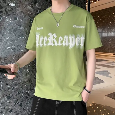 230g重磅夏季白色短袖t恤男士宽松大码字母印花纯棉凉感圆领体恤商品大图