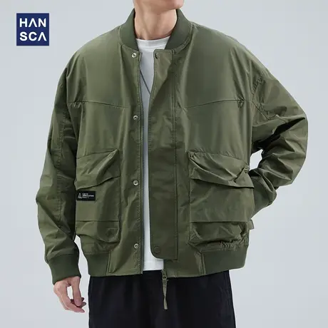 hansca春季美式绿色棒球领飞行员夹克男复古宽松大码痞帅工装外套商品大图