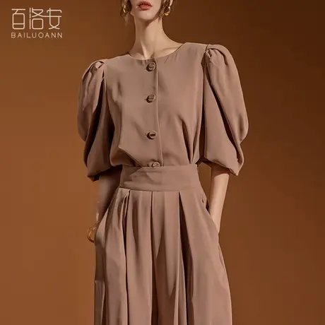 百洛安法式泡泡袖衬衫女2024夏季气质圆领百搭短款衬衣别致小上衣图片