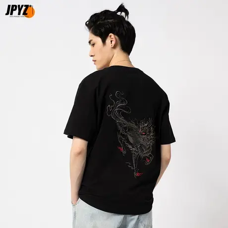 2023国潮牌麒麟刺绣宽松半袖中国风纯棉体恤衣服夏纯棉t恤男短袖商品大图