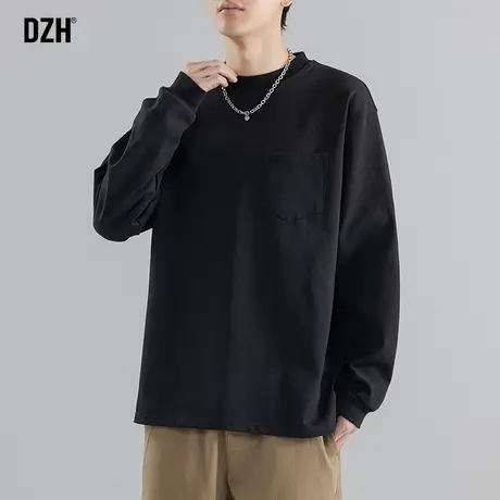 男士纯色长袖t恤男春秋季纯棉2024新款黑色内搭上衣宽松圆领打底商品大图