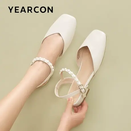 意尔康包头凉鞋女粗跟2023夏新款珍珠低跟真皮仙女风百搭温柔单鞋商品大图