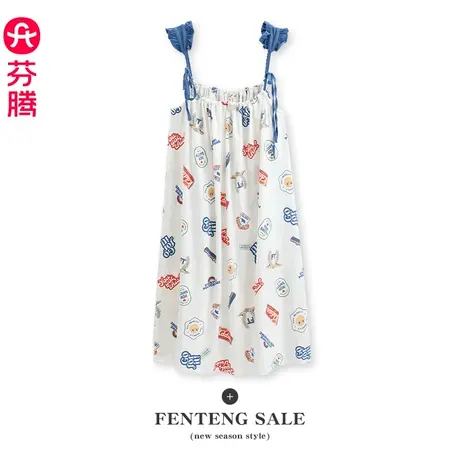 芬腾睡裙女士夏季纯棉薄款吊带睡衣裙卡通可爱少女休闲全棉中短裙商品大图
