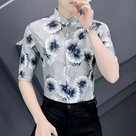 潮牌复古名族风花衬衫短袖男士夏季韩版半中袖夏威夷冰丝休闲衬衣商品大图