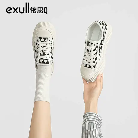 依思q帆布鞋女春2024新款饼干鞋百搭厚底经典黑白格子低帮休闲鞋图片