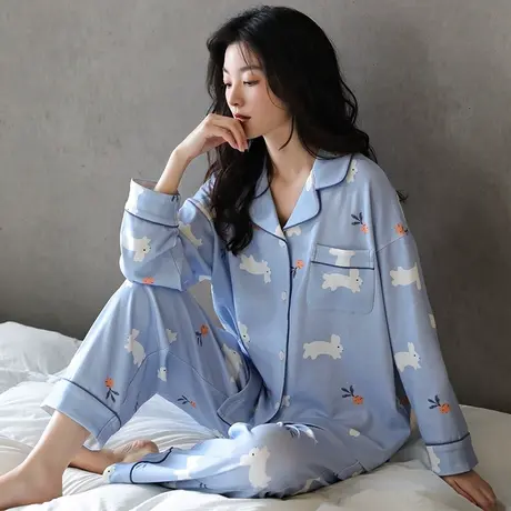 婷美秋冬天睡衣女长袖开衫休闲简约新款纯棉外穿家居服套装春秋季图片