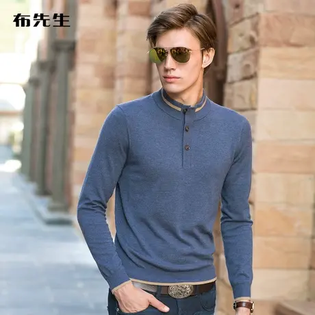 MrBu布先生长袖T恤羊毛衫男纽扣撞色半高领男羊毛衫爸爸装 BT350商品大图