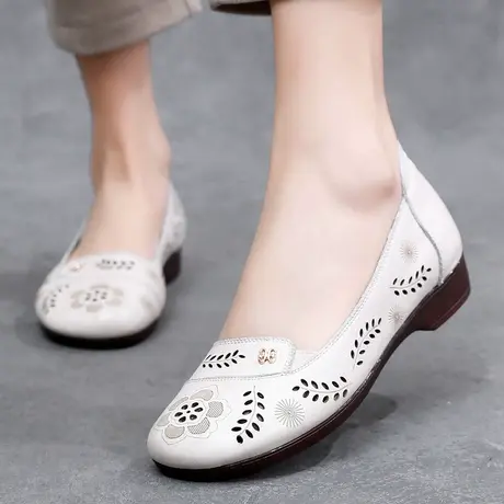 2023秋季新款软皮豆豆鞋牛筋底大码单鞋40-43平底舒适真皮妈妈鞋商品大图