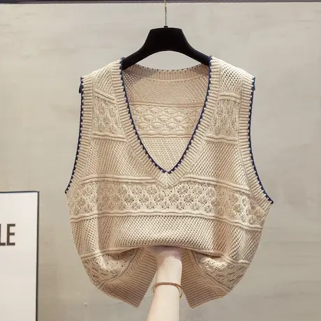 镂空v领针织马甲背心女2023秋装新款宽松外穿马夹叠穿毛衣坎肩潮图片