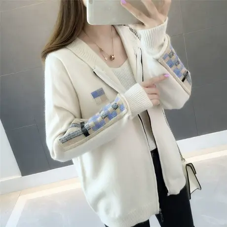 春秋季新款甜美学院风连帽针织衫女开衫韩版宽松拉链毛衣外套图片