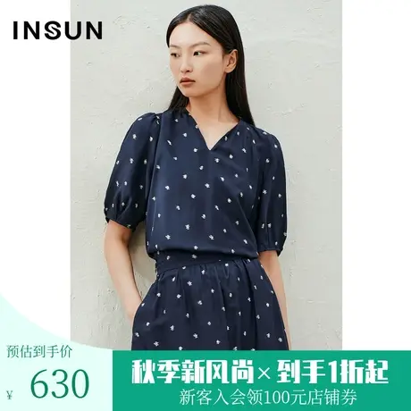 恩裳2023年夏款新款真丝人丝斜纹绸混纺印花冰丝打褶衬衫图片